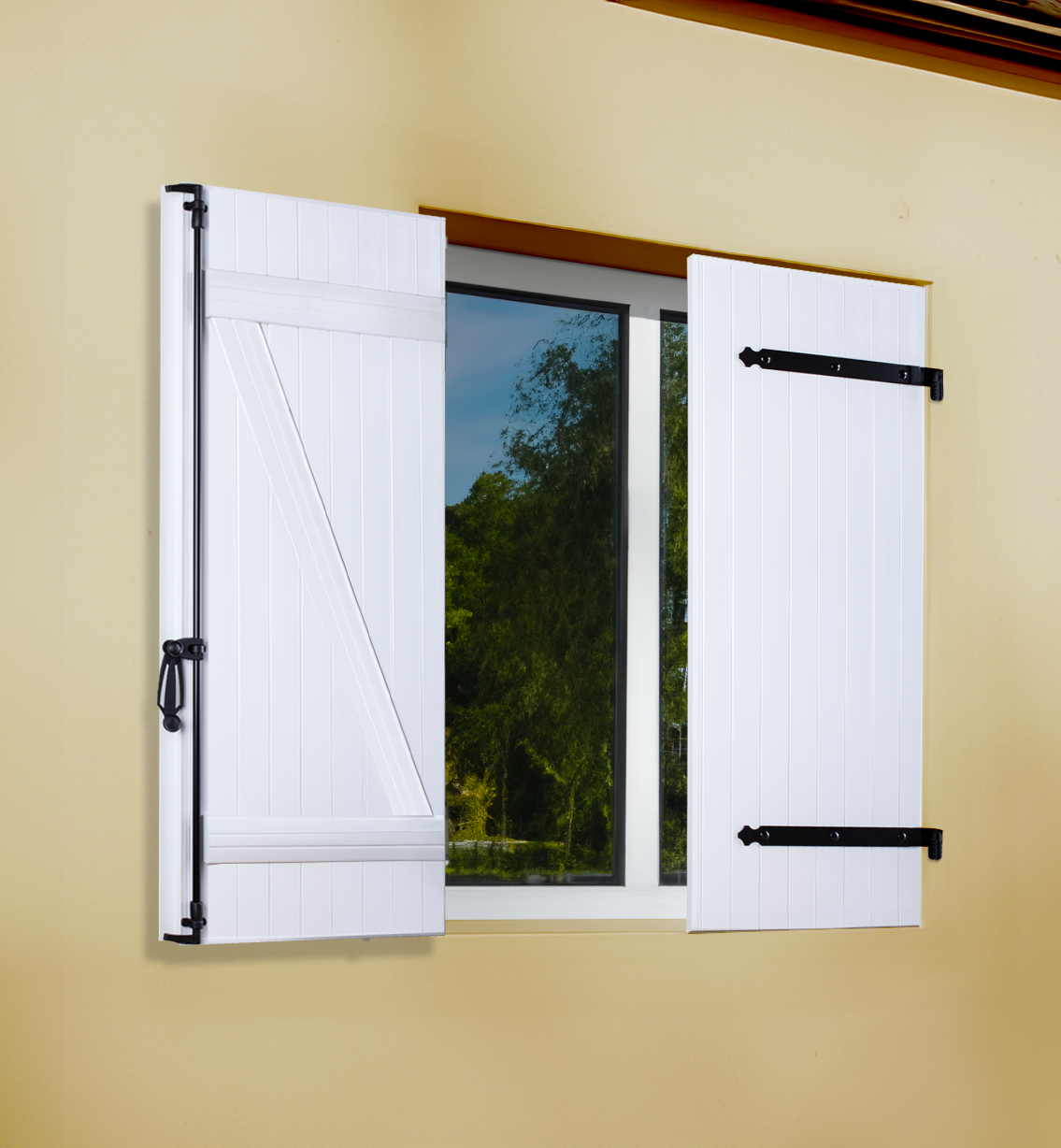 Volet battant PVC 2 vantaux à barres et écharpes largeur 1200 mm Volet battant PVC 2 vantaux à barres et écharpes largeur 1200 mm
