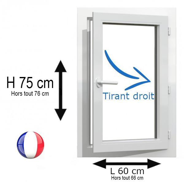 Fenêtre PVC 1 vantail H 75 x L 60 cm OF avec poignée tirant droit Fenêtre PVC 1 vantail H 75 x L 60 cm OF avec poignée tirant droit