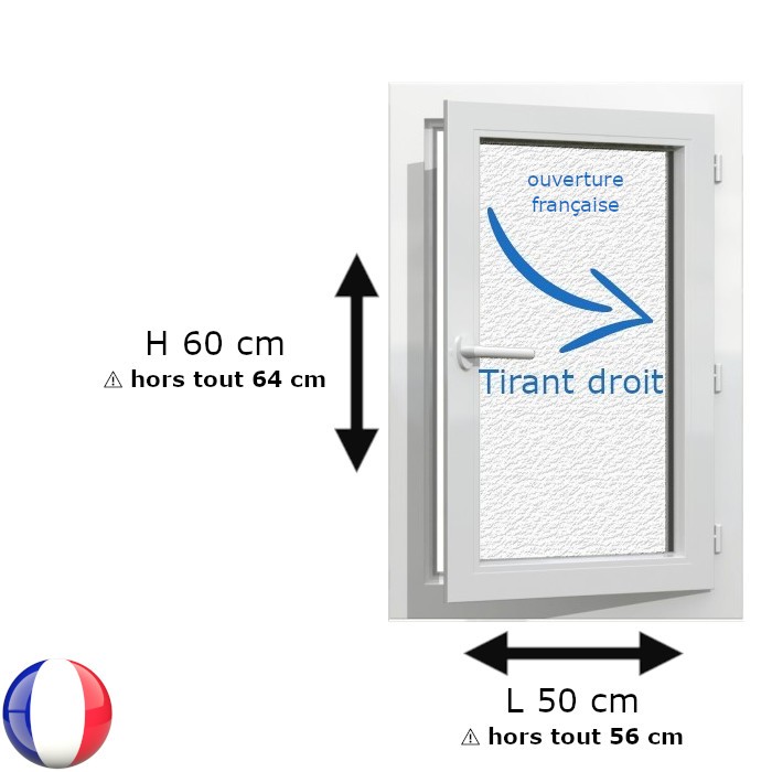 Fenêtre PVC 1 vantail H 60 x L 50 cm OF avec poignée verre brouillé TIRANT DROIT