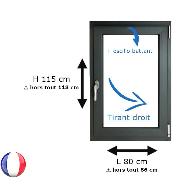 Fenêtre PVC 1 vantail H 115 x L 80 cm OB anthracite avec poignée