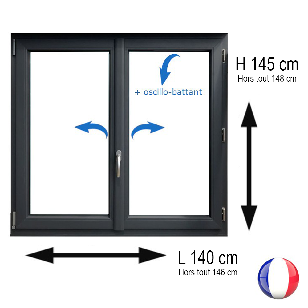 Fenêtre PVC 2 vantaux H 145 x L 140 cm OB anthracite avec poignée