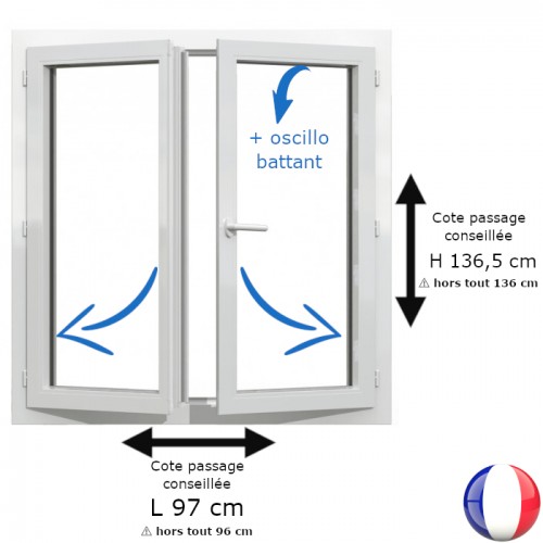 Fenêtre PVC 2 vantaux H 136 x L 96 cm hors tout OB pour pose en rénovation
