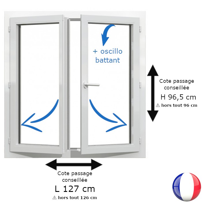 Fenêtre PVC 2 vantaux H 96 x L 126 cm hors tout OB pour pose en rénovation