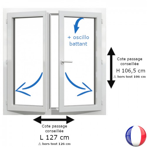 Fenêtre PVC 2 vantaux H 106 x L 126 cm hors tout OB pour pose en rénovation