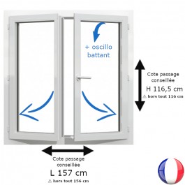 Fenêtre PVC 2 vantaux H 116 x L 156 cm hors tout OB pour pose en rénovation