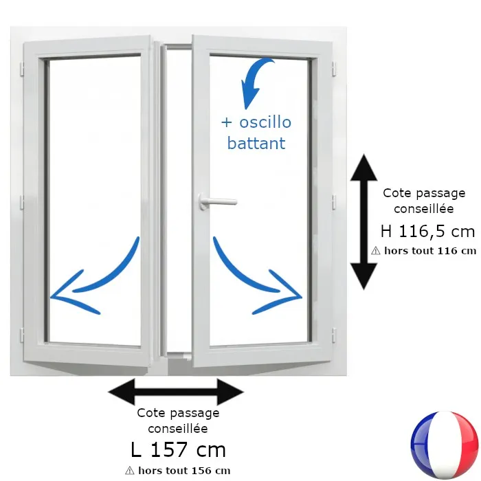 Fenêtre PVC 2 vantaux H 116 x L 156 cm hors tout OB pour pose en rénovation Fenêtre PVC 2 vantaux H 116 x L 156 cm hors tout OB pour pose en rénovation