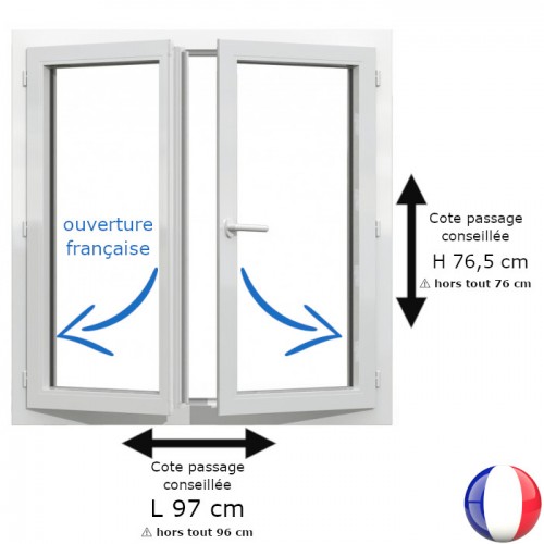 Fenêtre PVC 2 vantaux H 76 x L 96 cm hors tout OF pour pose en rénovation