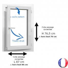 Fenêtre PVC 1 vantail H 76 x L 86 cm hors tout OB pour pose en rénovation tirant droit