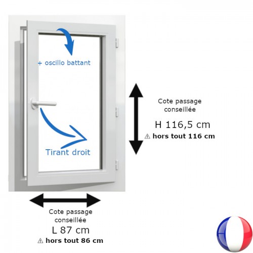 Fenêtre PVC 1 vantail H 116 x L 86 cm hors tout OB pour pose en rénovation