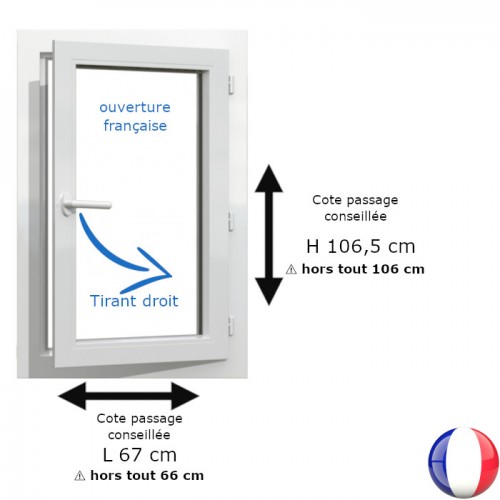 Fenêtre PVC 1 vantail H 106 x L 66 cm hors tout OF pour pose en rénovation