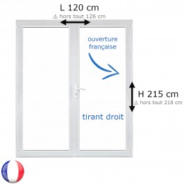 Porte fenêtre PVC H 215 x L 120 cm 2 vantaux blanc pour pose en neuf