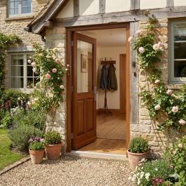 Porte d'entrée vitrée sur-mesure en bois exotique LOUISE (avec option décor 2 panneaux, lasurée)