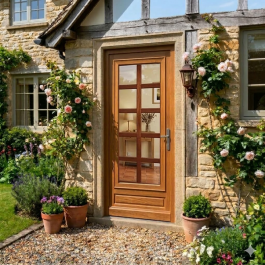 Porte d'entrée vitrée sur-mesure en bois exotique CHANTAL AVEC PETIT BOIS