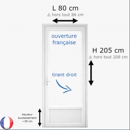 Porte fenêtre PVC H 205 x L 80 cm 1 vantail blanc pour pose en neuf - tirant droit