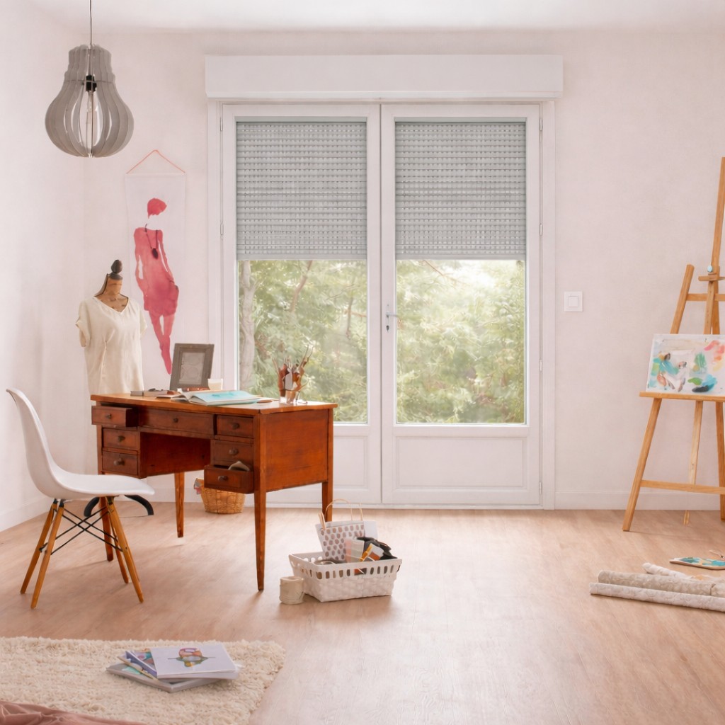 Porte Fenêtre PVC H 215 x L 140 cm 2 vantaux blanc avec volet roulant électrique pour pose en neuf