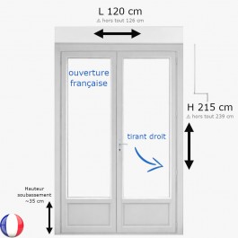 Porte Fenêtre PVC H 215 x L 120 cm 2 vantaux blanc avec volet roulant à manivelle pour pose en neuf