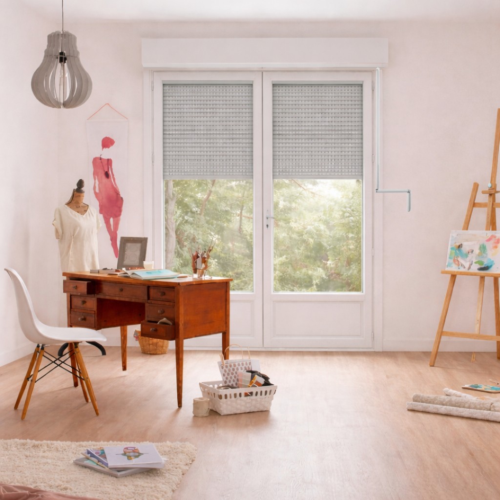 Porte Fenêtre PVC H 225 x L 120 cm 2 vantaux blanc avec volet roulant à manivelle pour pose en neuf