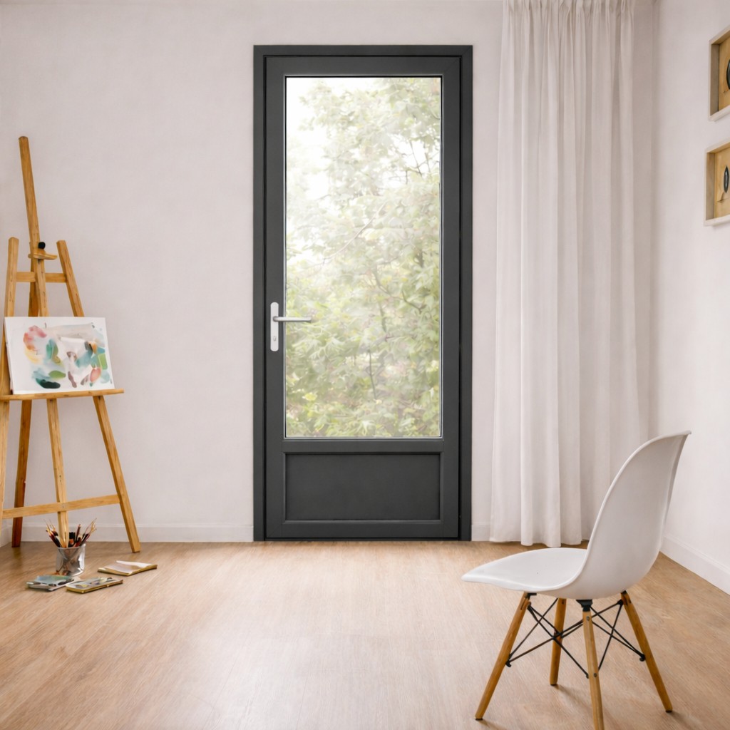 Porte fenêtre PVC H 215 x L 90 cm 1 vantail anthracite pour pose en neuf