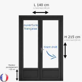 Porte fenêtre PVC H 215 x L 140 cm 2 vantaux anthracite pour pose en neuf