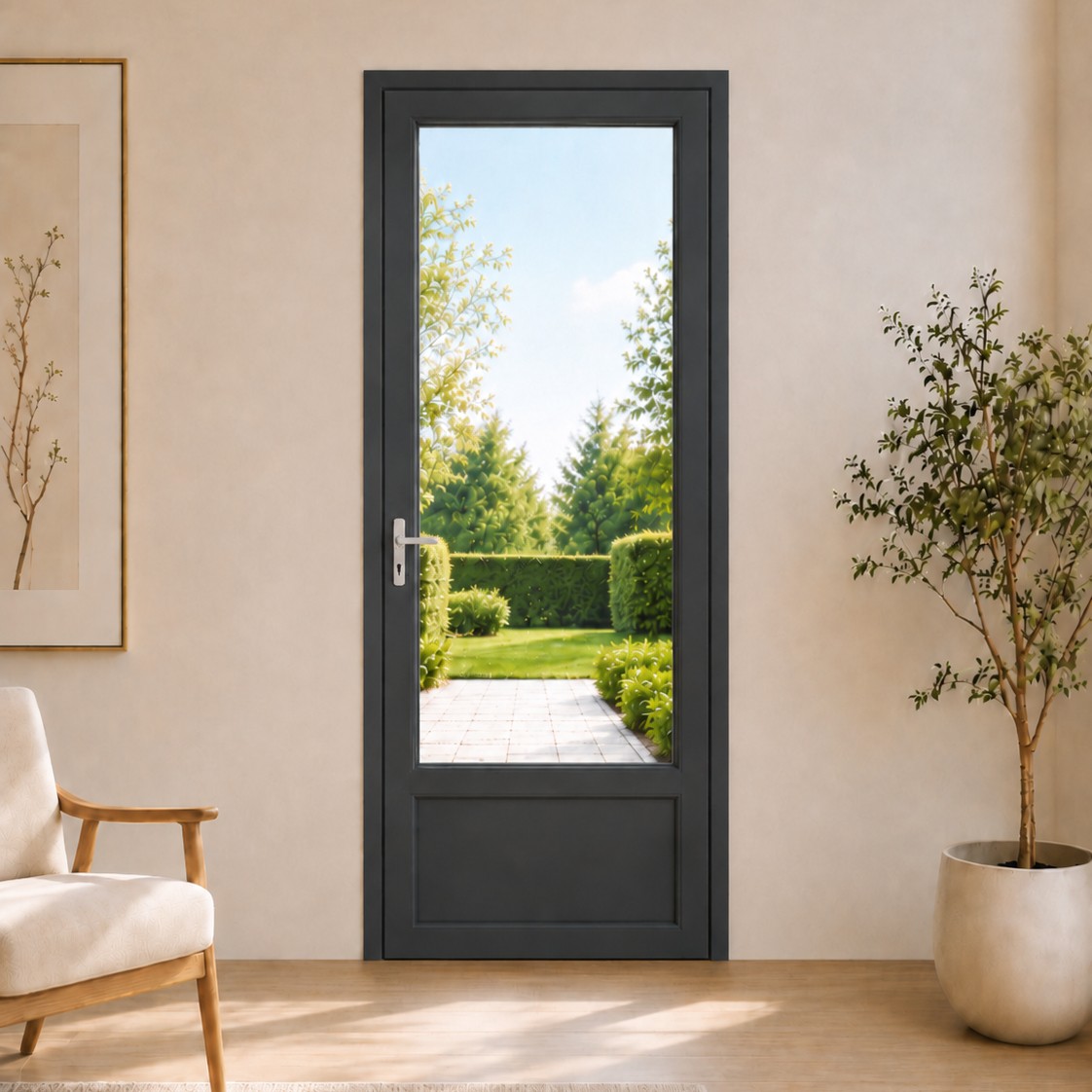 Porte fenêtre PVC H 215 x L 90 cm 1 vantail anthracite pour pose en neuf