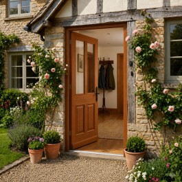 Porte d'entrée vitrée sur-mesure en bois exotique JOSEPHINE avec décor 2 soubassements - ouverte