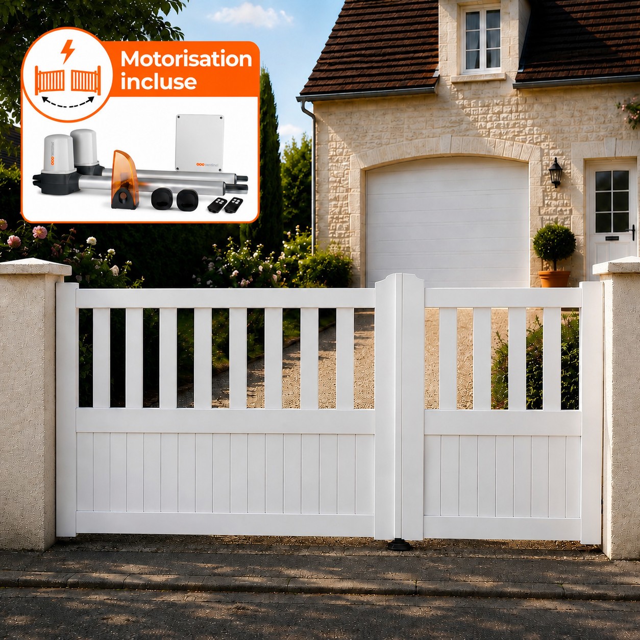 Portail battant électrique PVC blanc ÉTRETAT