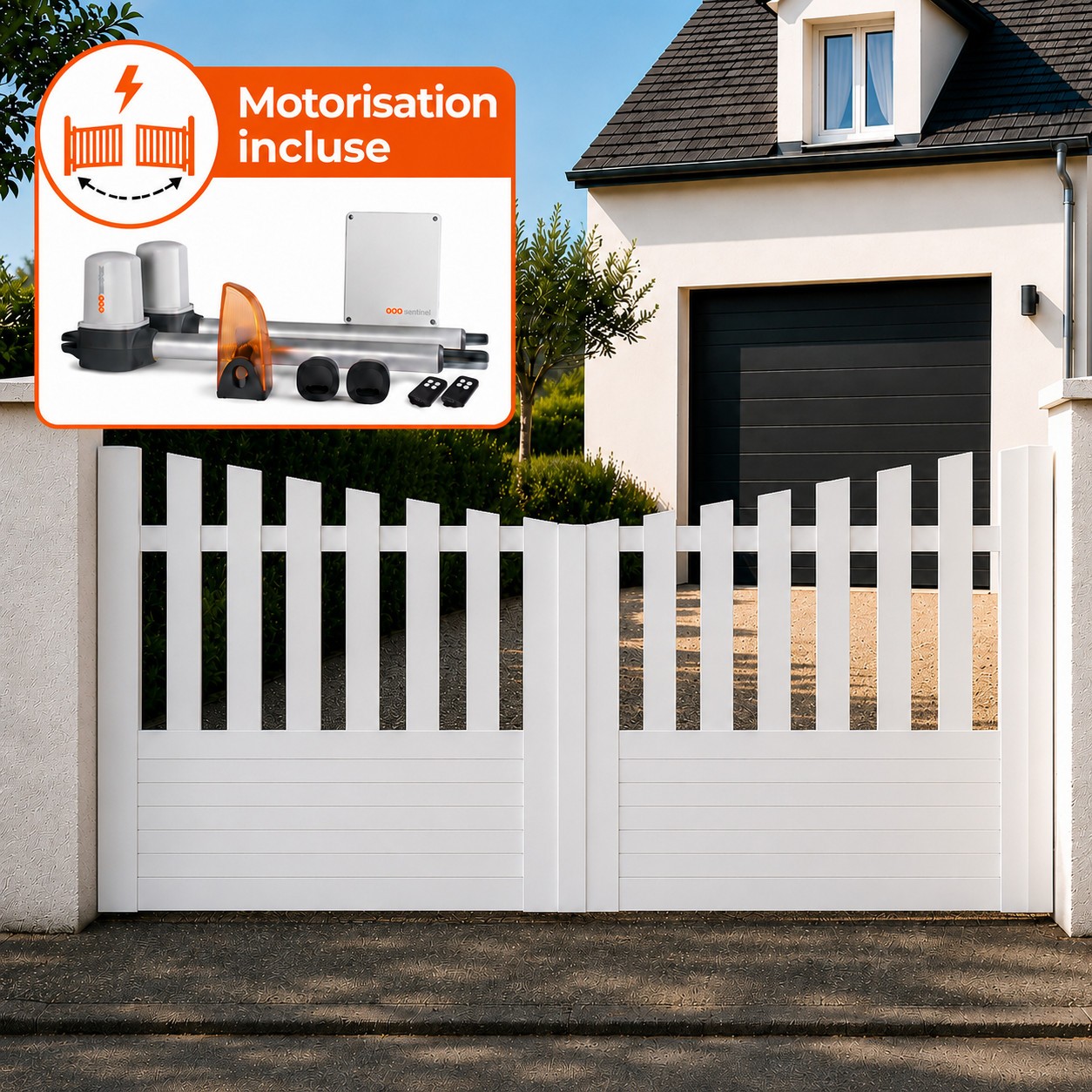Portail battant électrique PVC blanc ALENÇON CONCAVE