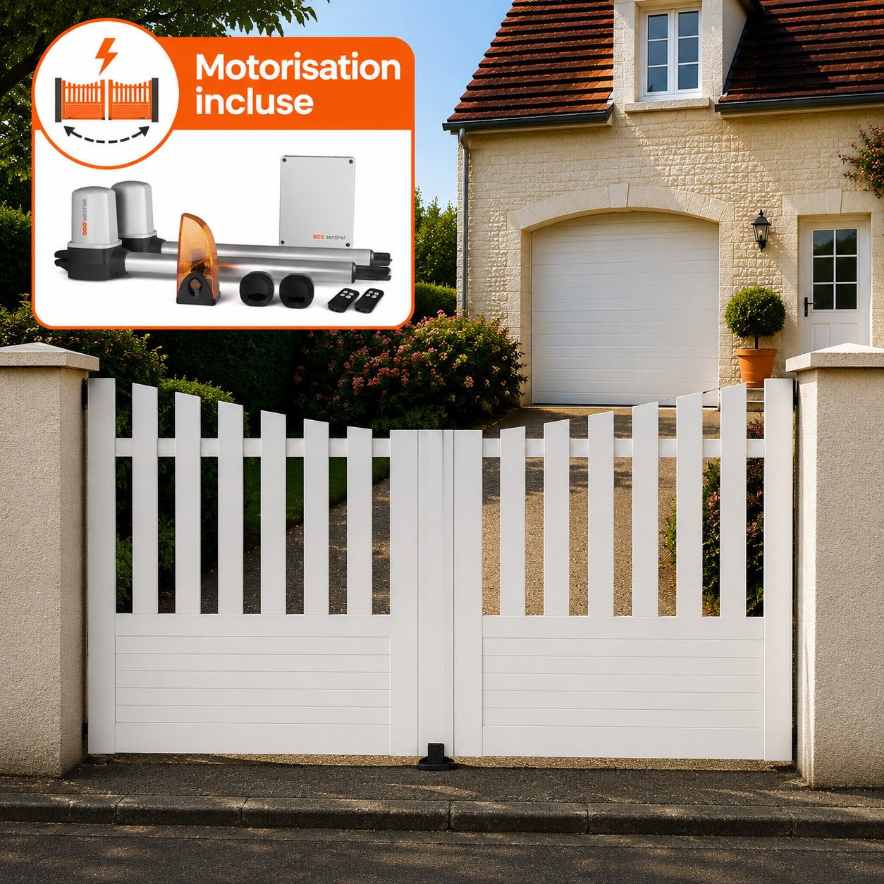 Portail battant électrique PVC blanc ALENÇON INCURVÉ