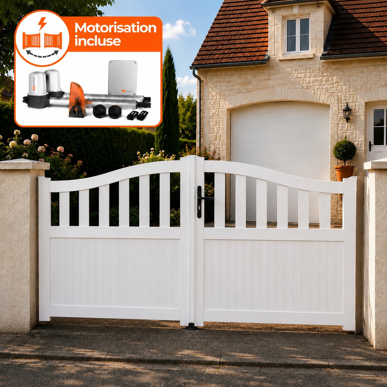 Portail battant électrique PVC blanc HAMBOURG GALBÉ