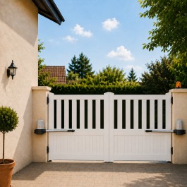 Portail battant électrique PVC blanc ÉTRETAT (vue intérieure avec moteur)