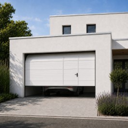 Porte de garage sectionnelle manuelle lignée à portillon intégré - ouverte