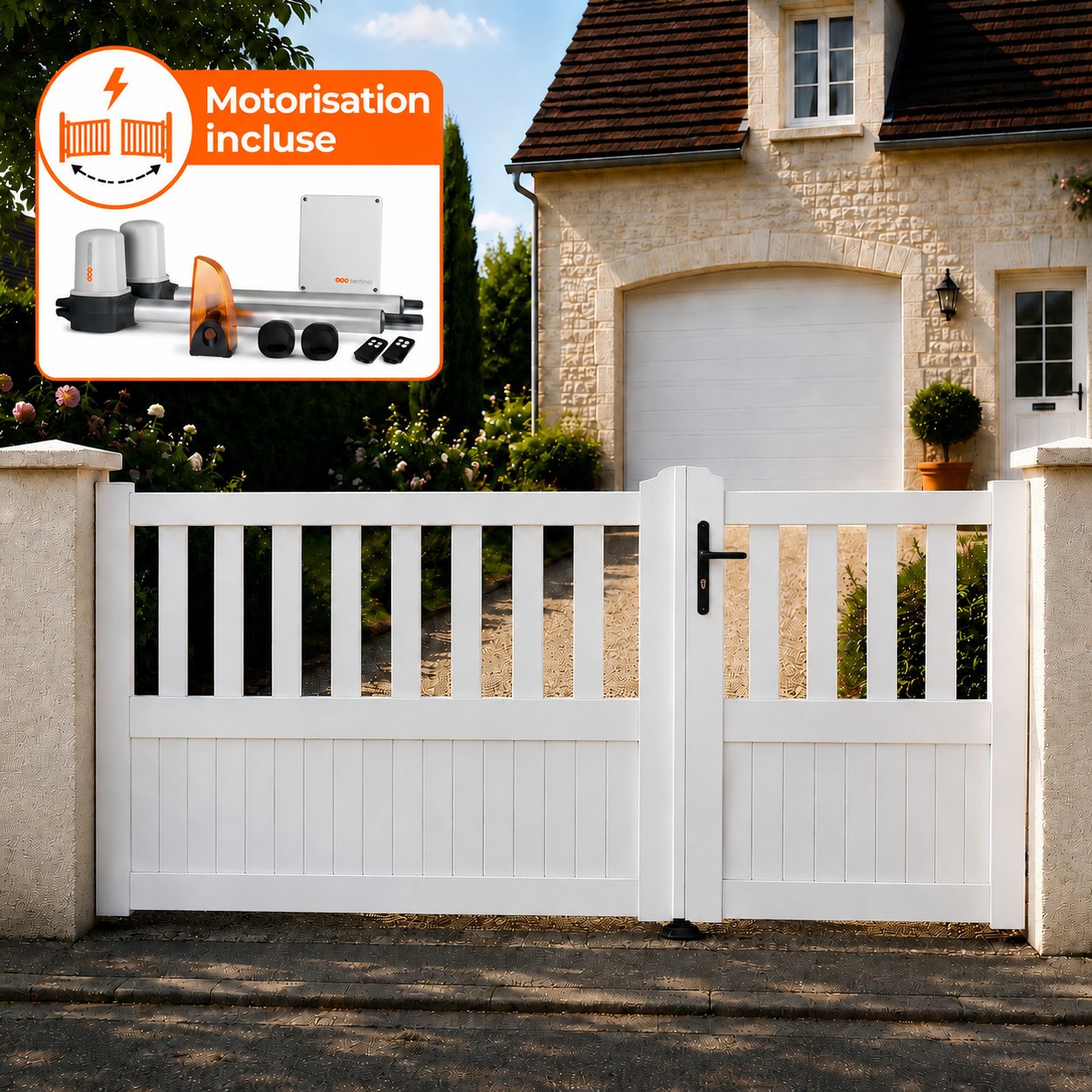 Portail battant électrique PVC blanc ÉTRETAT