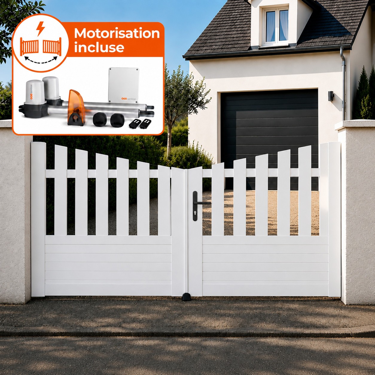 Portail battant électrique PVC blanc ALENÇON INCURVÉ