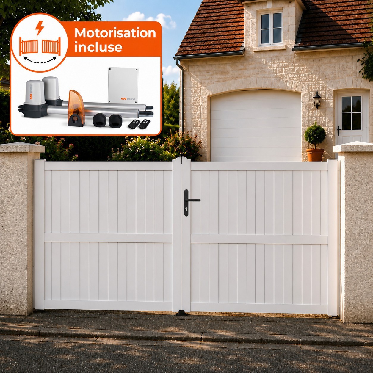 Portail battant électrique PVC blanc GUÉRANDE H.1800 mm