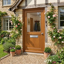 Porte d'entrée vitrée sur-mesure en bois exotique LOUISE - avec entrée de boite aux lettres et poignée bouton.