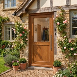 Porte d'entrée vitrée sur-mesure en bois exotique LOUISE - avec poignée bâton de maréchal