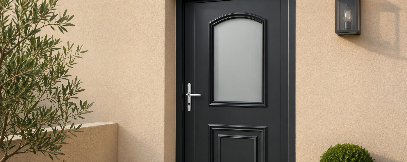 Porte d'entrée PVC noire dans une façade contemporaine
