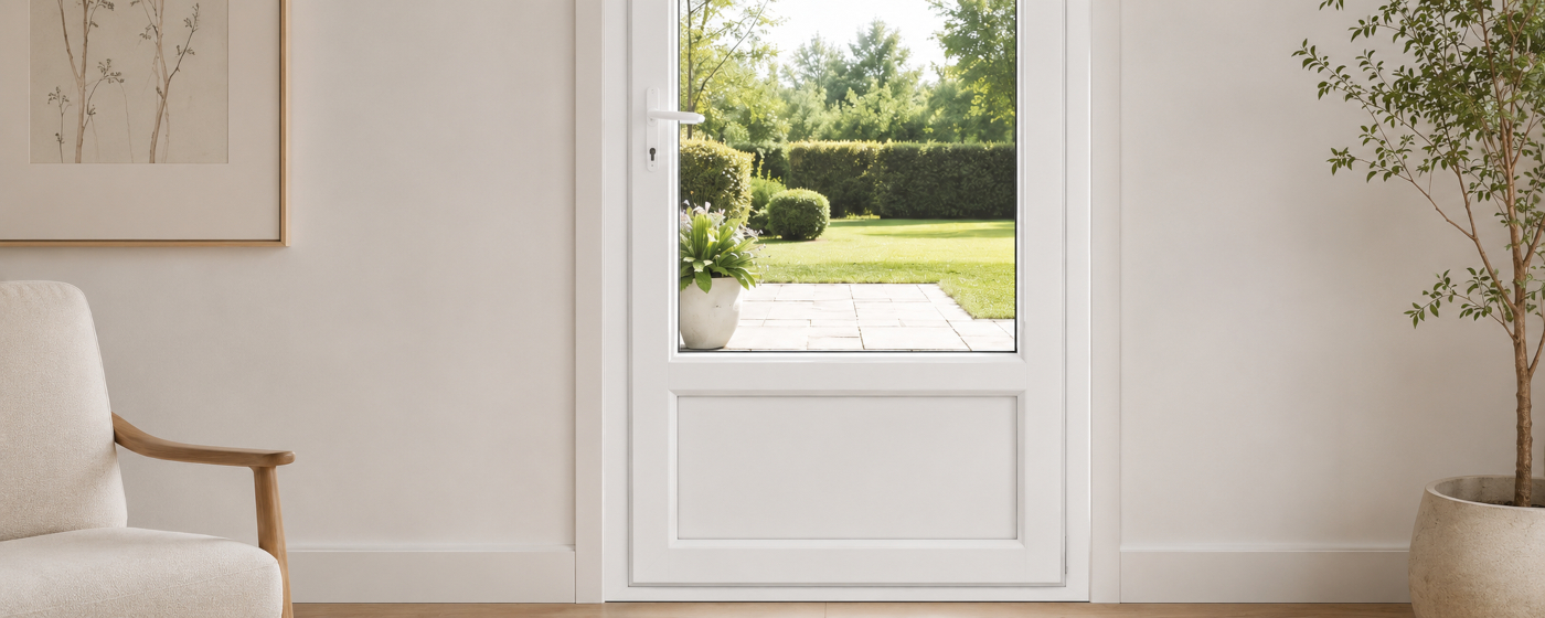 Porte-fenêtre PVC donnant sur un jardin