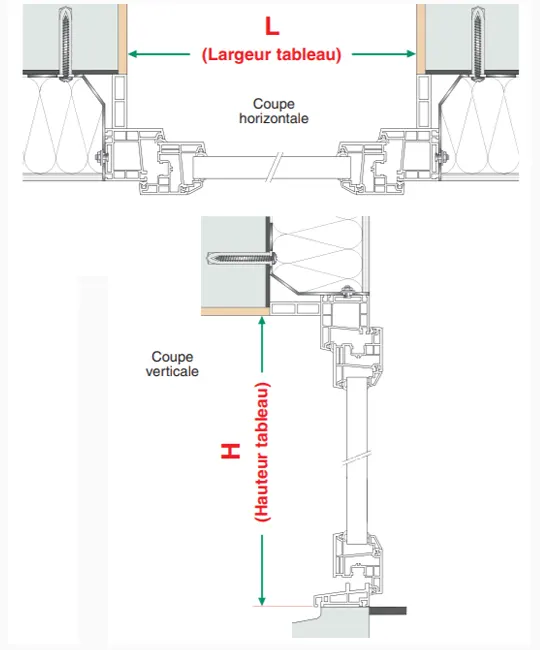 Prise de mesures pour une pose de fenêtre en applique Schéma de prise de mesures pour une pose de fenêtre en applique