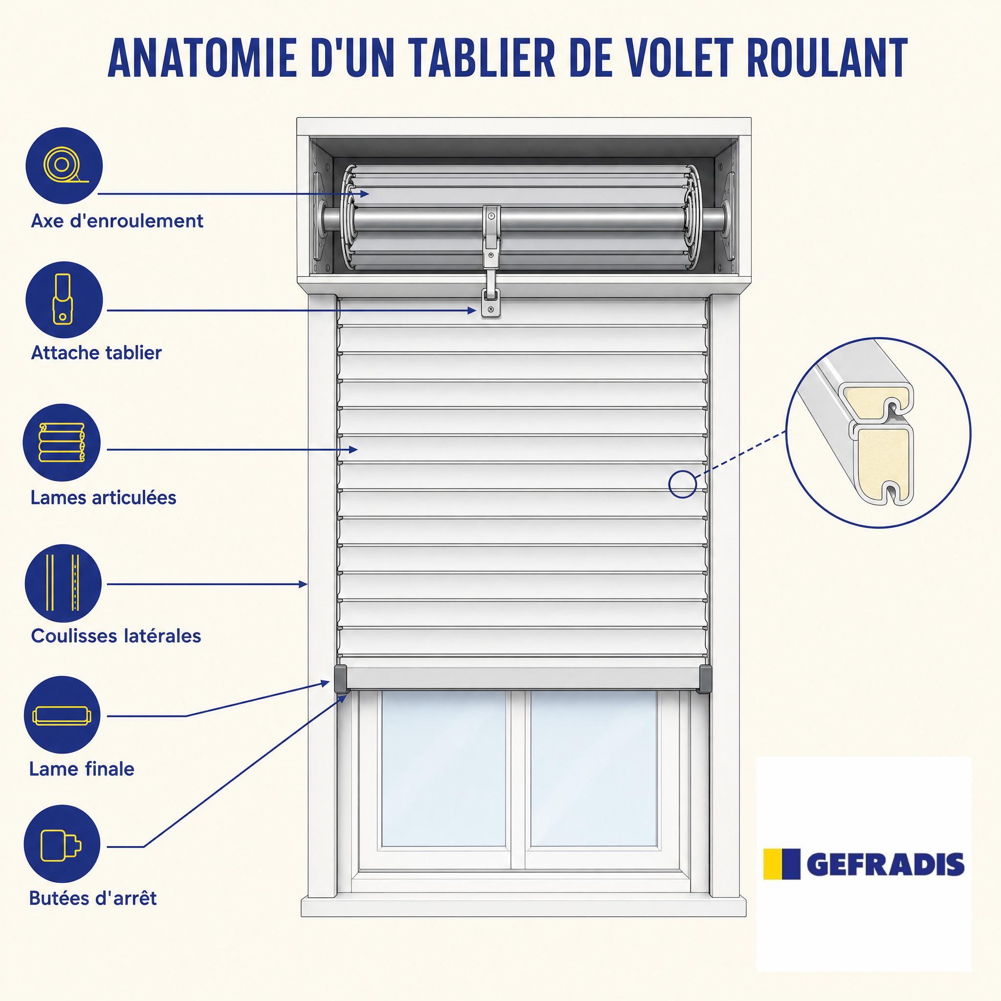 Schéma d'un tablier de volet roulant : axe, attache, lames articulées, coulisses, lame finale et butées