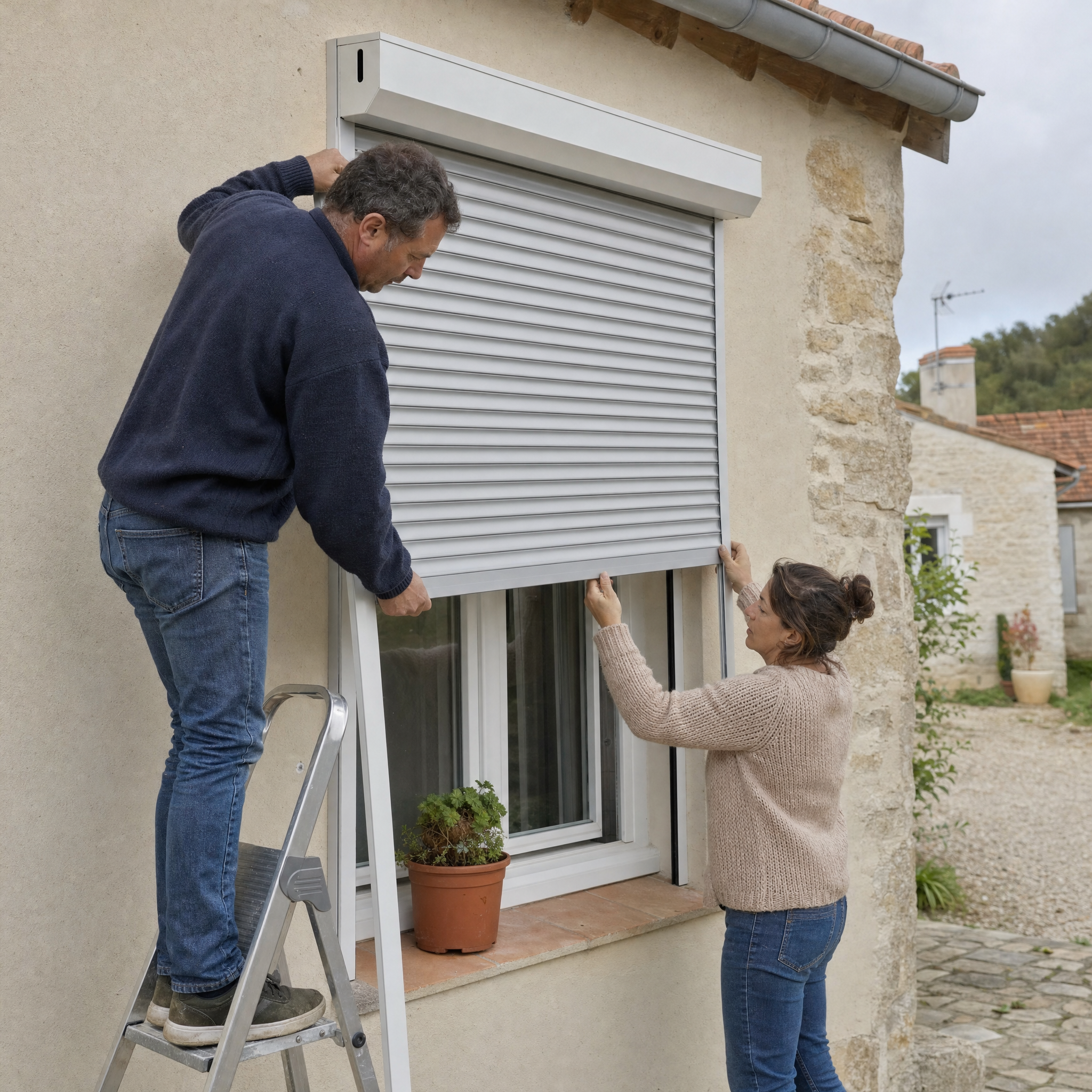 Couple français installant un tablier de volet roulant manuel dans les coulisses d'une fenêtre de maison rénovée