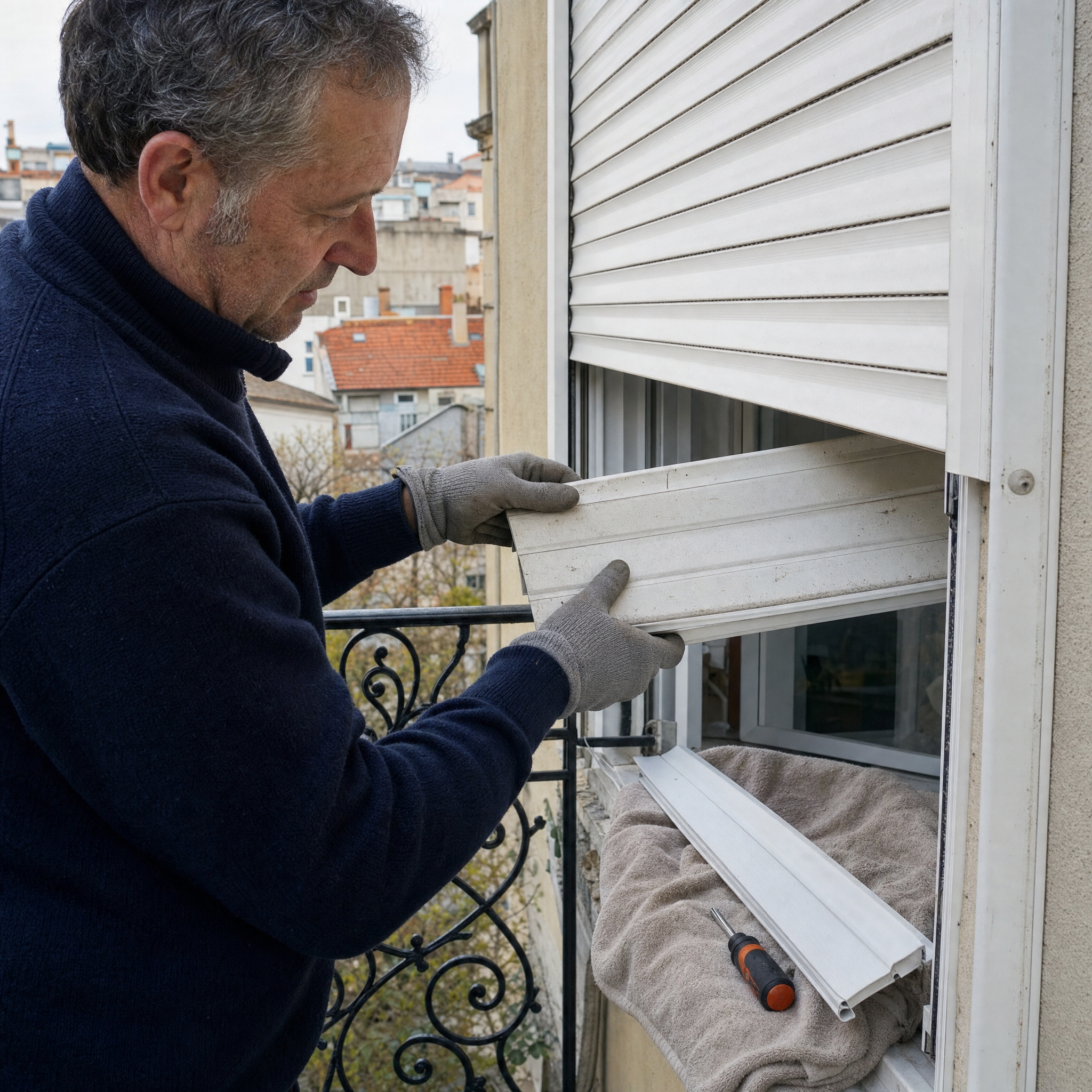 Homme remplaçant une lame abîmée de volet roulant en la faisant glisser latéralement hors du tablier