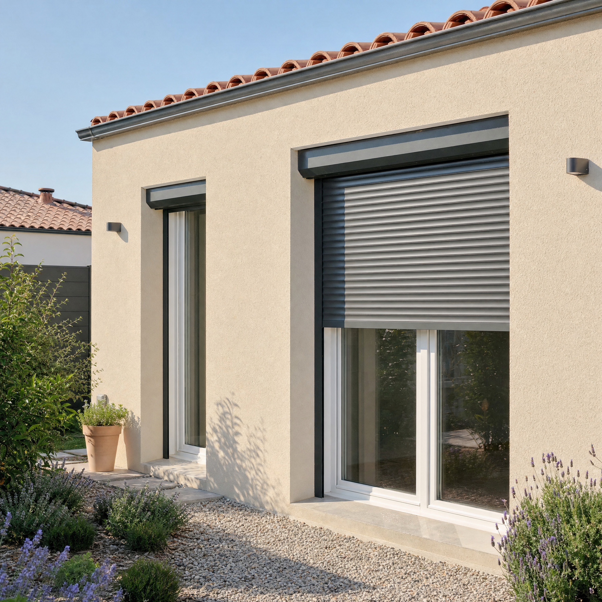 Tablier de volet roulant aluminium gris anthracite à mi-hauteur sur la façade enduite d'une maison française